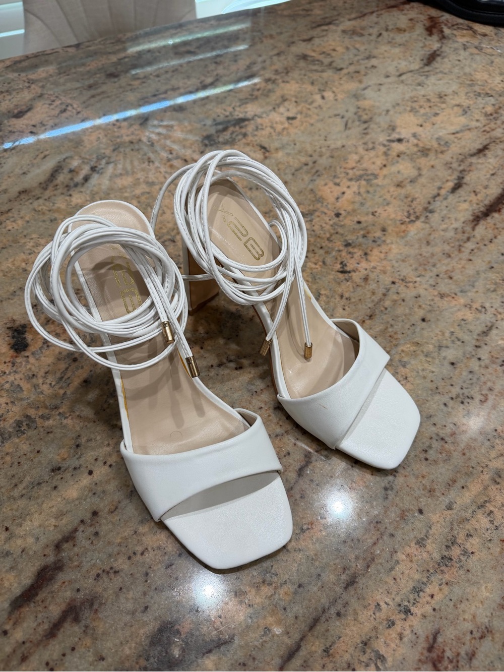 White Lace-Up Square Toe Heels with Wrap Ankle Ties Size 8